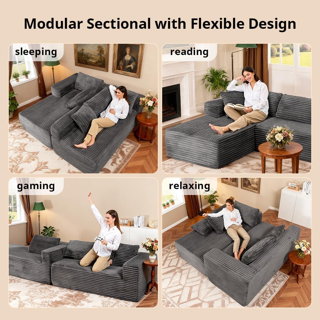 COMHOMA 105'Modular Sectional Sofa with Deep Seat,Cloud Upholstered L-Shape Couch Wide Arms Corduroy Fabric High-Density Foam Chaise Lounge for Living Room No Assembly Required