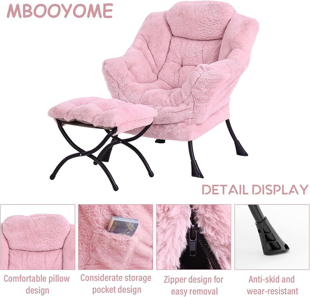 MBOOYOME Lazy Chair with Folding Ottoman, Modern Accent Lounge Armchair with Armrests and a Side Pocket & Foldable Footstool, Leisure Reading Chair for Living Room, Bedroom, Dorm & Office, Plush Pink
