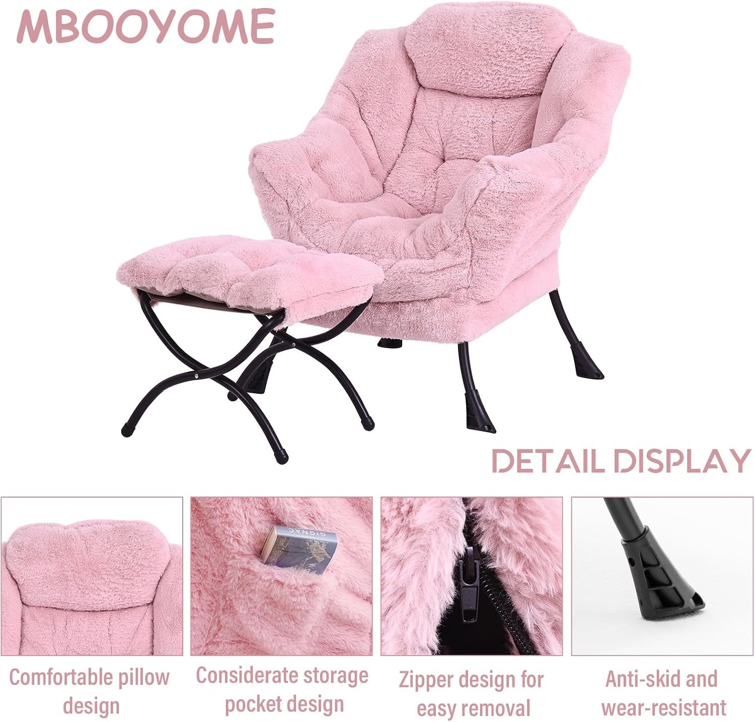 MBOOYOME Lazy Chair with Folding Ottoman, Modern Accent Lounge Armchair with Armrests and a Side Pocket & Foldable Footstool, Leisure Reading Chair for Living Room, Bedroom, Dorm & Office, Plush Pink