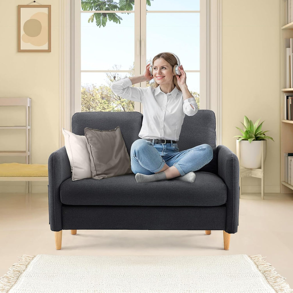 VINGLI 47' Small Couch, Linen Loveseat Sofa Black Mini Couch Mid Century Modern Decor Love Seat for Small Spaces Living Room, Bedroom, Play Room
