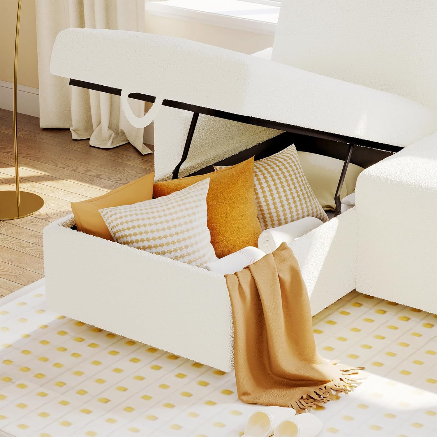 VanAcc Sofa Bed, Sleeper Sofa- 2 in 1 Pull Out Couch Bed with Storage Chaise for Living Room, White Sherpa