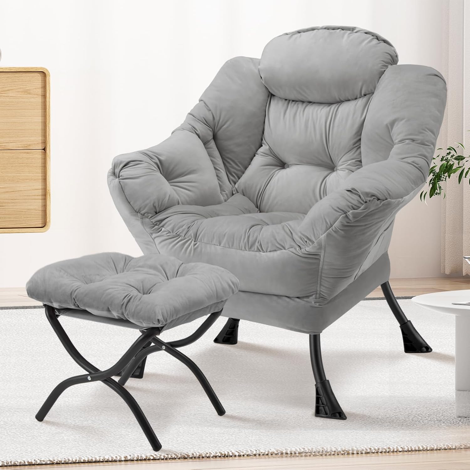Lazy Chair with Folding Ottoman Modern Large Accent Chair,Contemporary Lounge Leisure Sofa Chair with Armrests Upholstered Sofa Armchair Reading Chair for Bedroom,Dorm&Office (Light Grey-f)