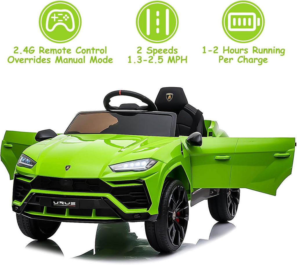 Electric Car for Kids 12V Licensed Lamborghini Ride On Car with Remote Control,Max Speed 2.5Mph,LED Lights,Music Players,Opening Doors,Spring Suspension,Toddler Cars to Drive (Green)