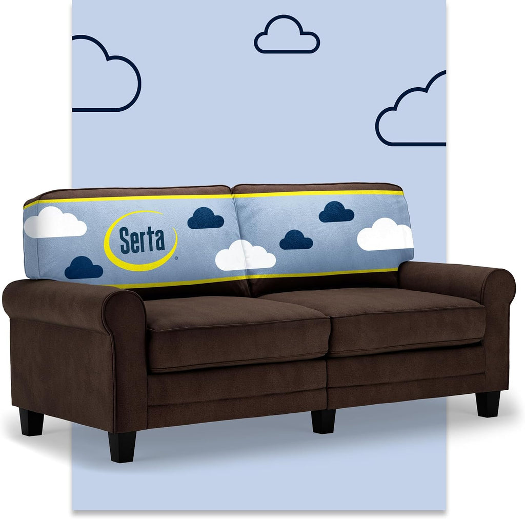 Serta Copenhagen 73' Rolled Arm Sofa, Easy Care Polyester, Soft Pillow Back, Pocket Coil Seat Cushions, Removable Covers, Loveseat or Couch for Small Spaces, Living Rooms or Bedrooms, Brown