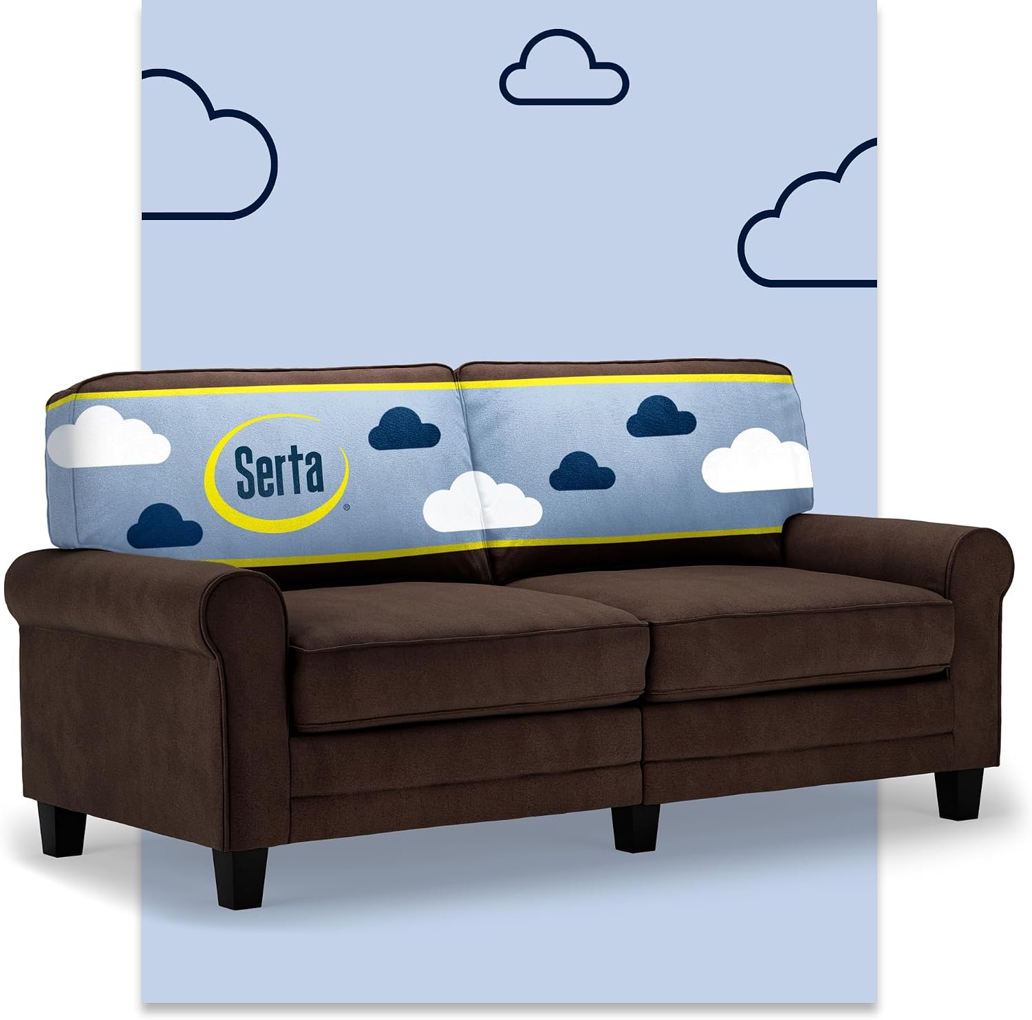 Serta Copenhagen 73' Rolled Arm Sofa, Easy Care Polyester, Soft Pillow Back, Pocket Coil Seat Cushions, Removable Covers, Loveseat or Couch for Small Spaces, Living Rooms or Bedrooms, Brown