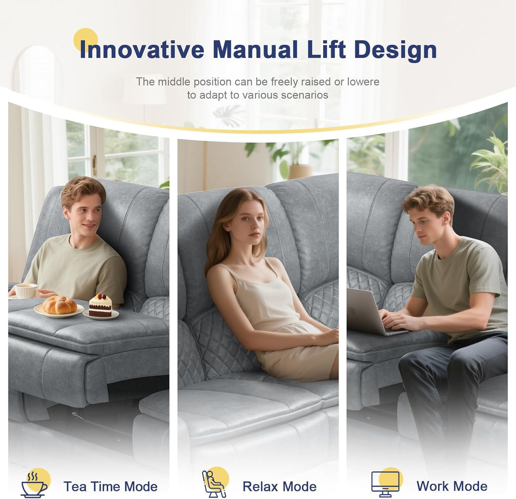 Recliner Sofa 3 Seater Sofa with Recliner, Home Theater Seating with Liftable Console & Removable Armrest, Manual PU Leather Reclining Couch with Cup Holders & USB Ports for Living Room/RV (PU,Grey)