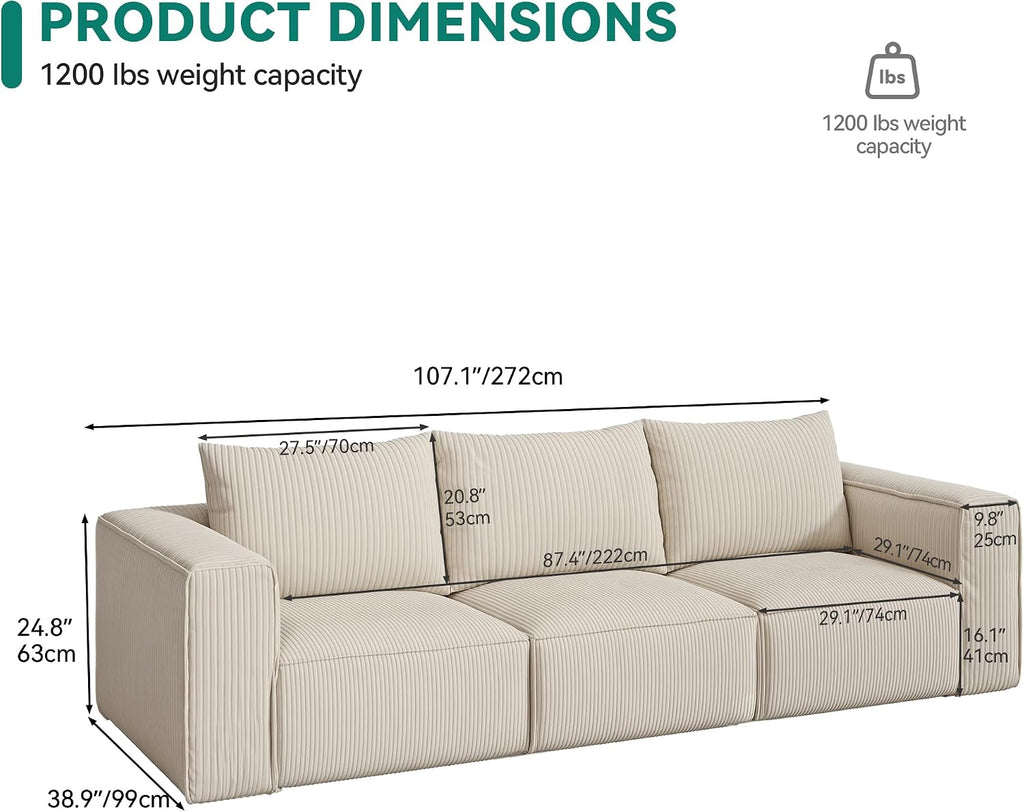 DWVO Oversized Deep Modular Sectional Sofa, 3-Seat Cloud Couch with 3 Pillows, Corduroy Sectional Couches for Living Room, Apartment, Office, Hotel, Bedroom, No Assembly Needed, Milky White