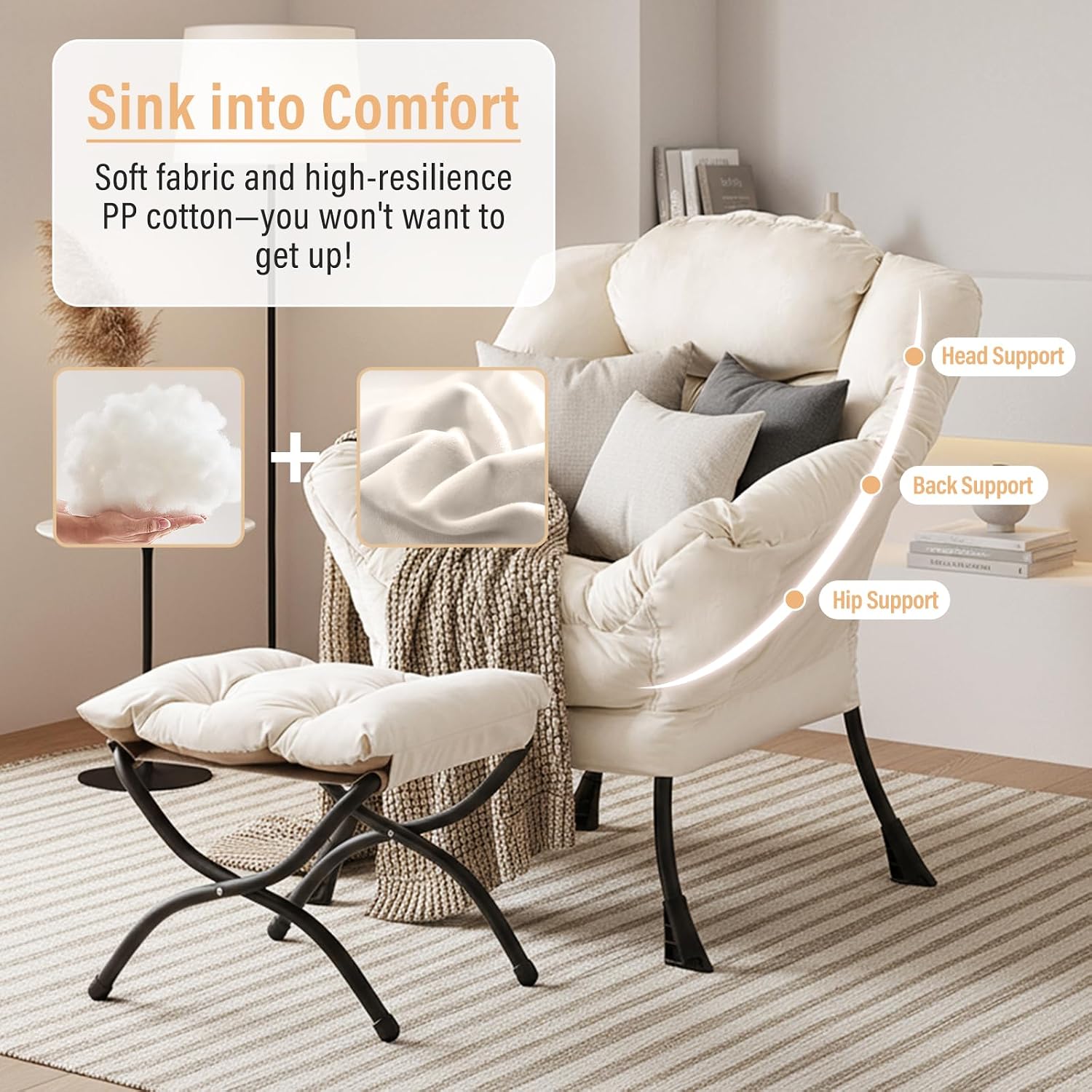 Furlide Lazy Chair with Ottoman, Modern Chair with Folding Footrest, Lounge Accent Chair, Comfortable Reading Chair, Oversized Armchairs for Bedroom, Study, Living Room, Courtyard (Beige)