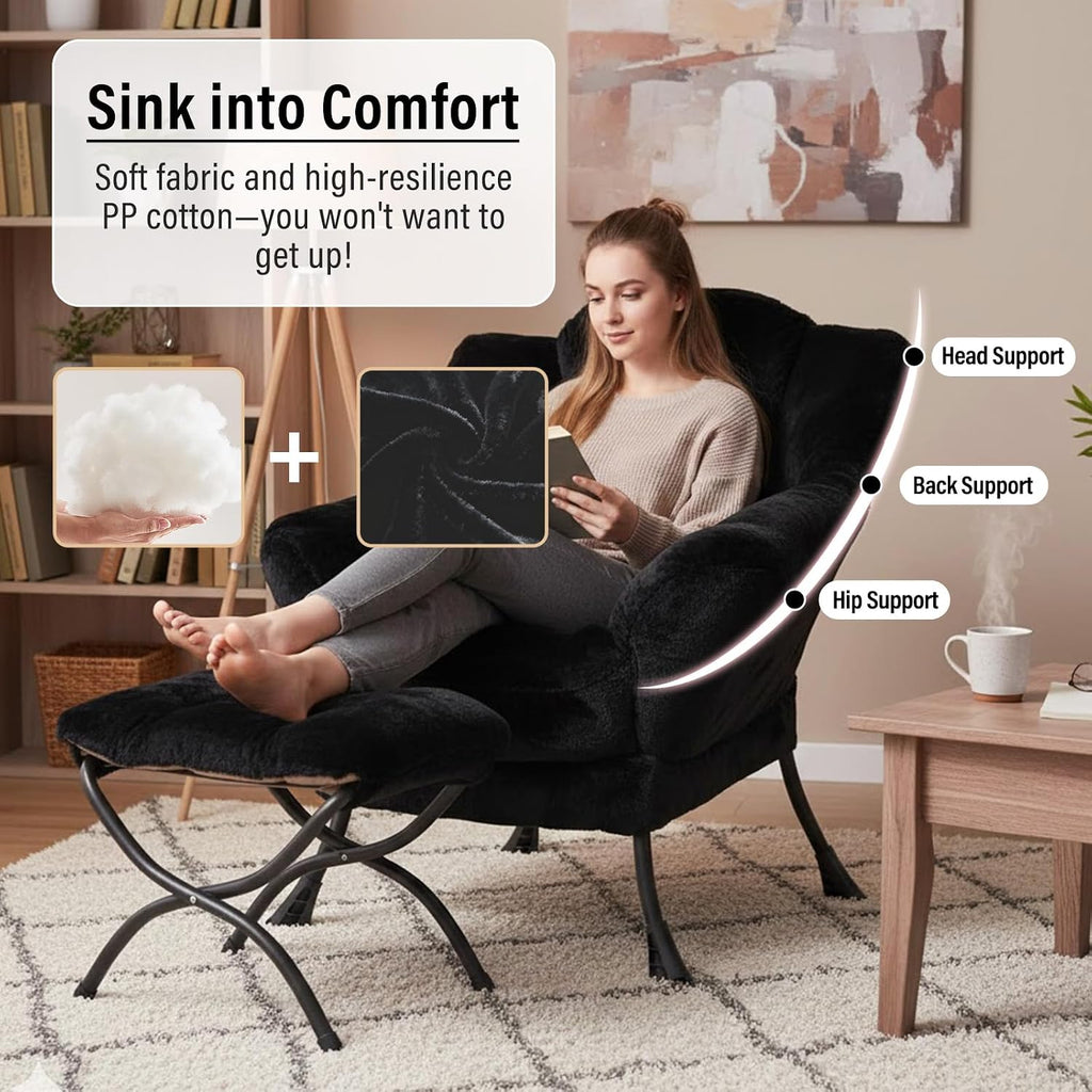 Furlide Lazy Chair with Ottoman, Modern Accent Chair with Armrests and a Side Pocket, Plush Black Accent Chairs, Reading Chairs, Oversized Armchairs for Bedroom, Study, Living Room, Courtyard