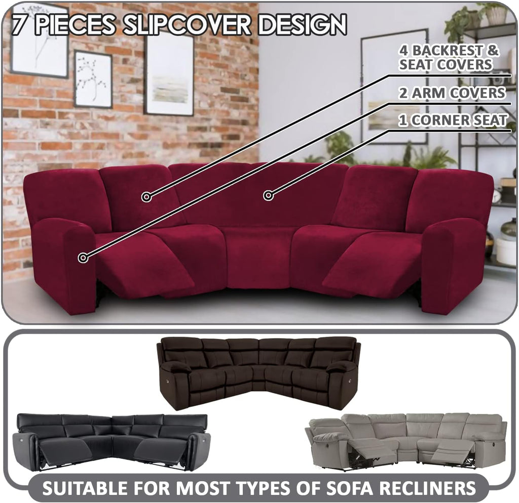 ULTICOR 7-Piece L Shape Sectional Recliner Sofa Covers, Velvet Stretch Reclining Couch Covers for Reclining L Shape Sofa, Thick, Soft, Washable (Burgundy - Wine, L Shape 5 Seat Recliner Cover)