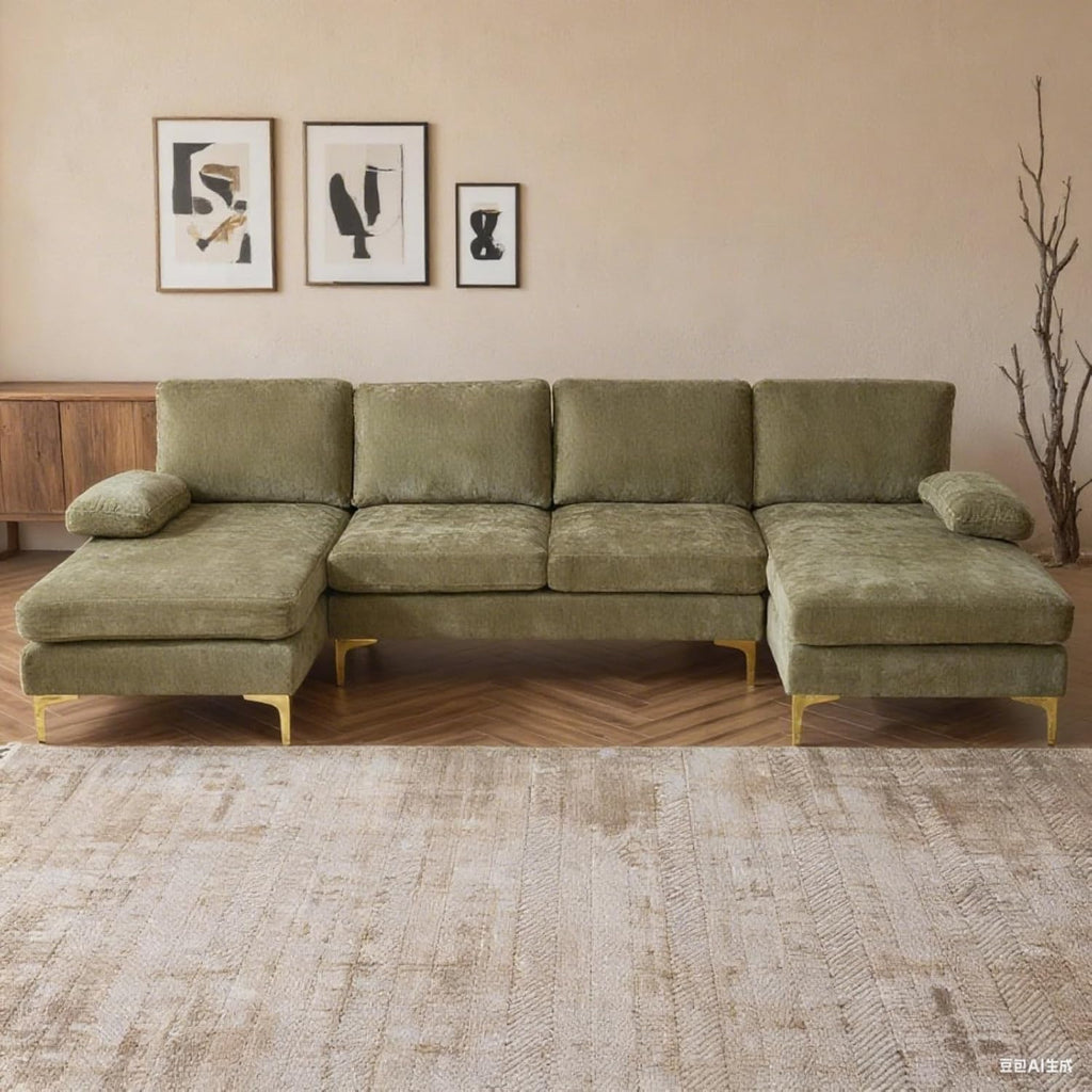 Karl home 110' Sectional Sofa U-Shaped 4-Seat Couch with Chaises Chenille Fabric Upholstered for Living Room, Apartment, Office, Green
