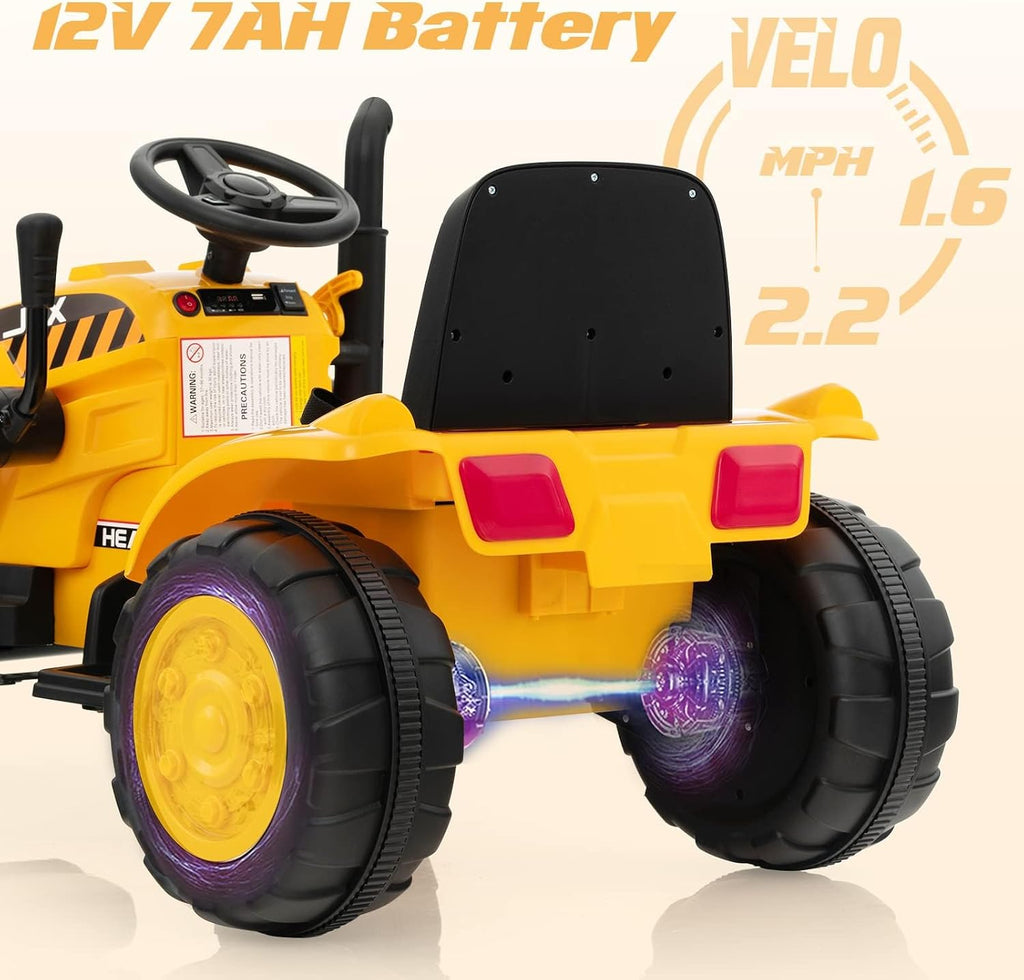 OLAKIDS Kids Ride on Car, 12V Electric Excavator Vehicle Construction Truck with Remote Control, Adjustable Bucket, Toddlers Battery Powered Bulldozer Tractor with 2 Speeds, Music, Citrine