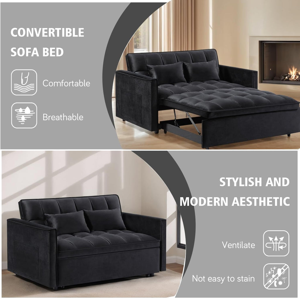 3 in 1 Convertible Sleeper Sofa Bed, 54'' Full Size Velvet Pull Out Futon Couch Recliner with Reclining Backrest & 2 Pillows, Small Loveseat Lounge Couches for Small Spaces (Black)