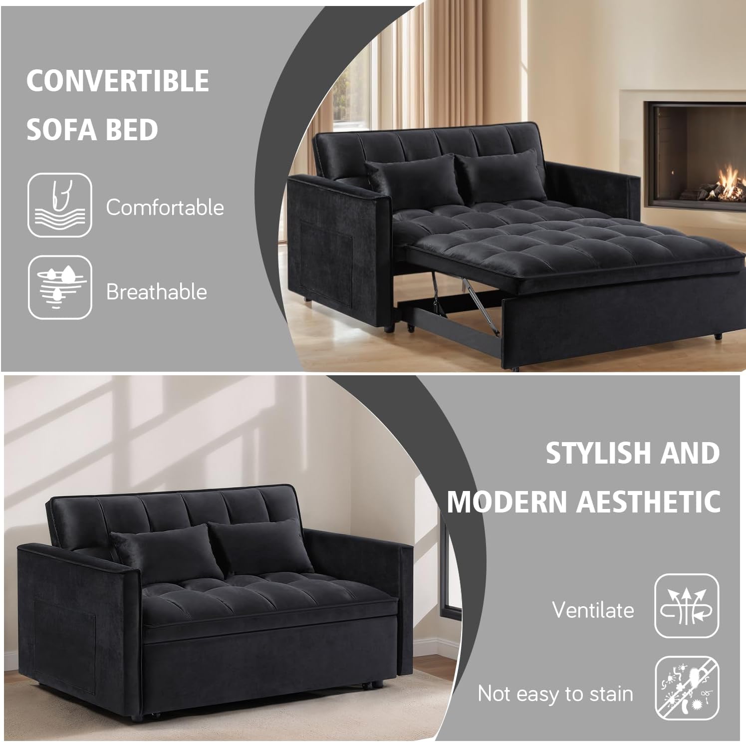 3 in 1 Convertible Sleeper Sofa Bed, 54'' Full Size Velvet Pull Out Futon Couch Recliner with Reclining Backrest & 2 Pillows, Small Loveseat Lounge Couches for Small Spaces (Black)