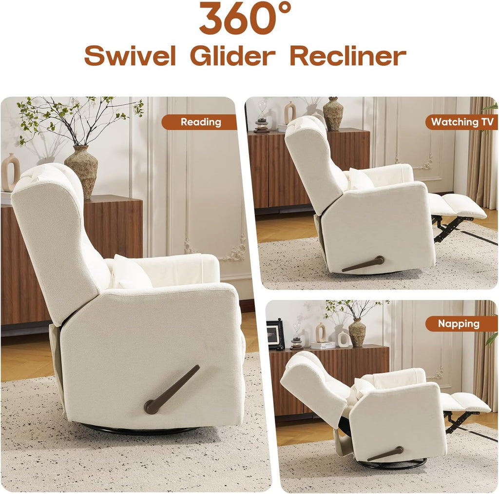 Rocking Chair Nursery with Adjustable Headrest,Comfy Swivel Rocker Recliner with Lumbar Support, Manual Nursery Chair Rocker Recliner with Cup Holder and Side Pockets, White