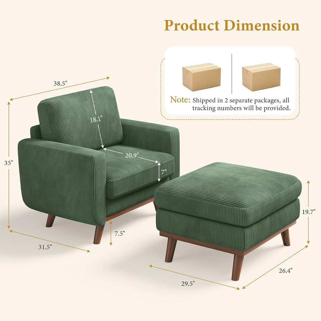 Vesgantti 38.5' Accent Chair with Movable Ottoman, Comfy Corduroy Armchair with Spring Cushion, Reading Chair with Ottoman, Modern Single Sofa for Living Room, Bedroom and Apartment, Green