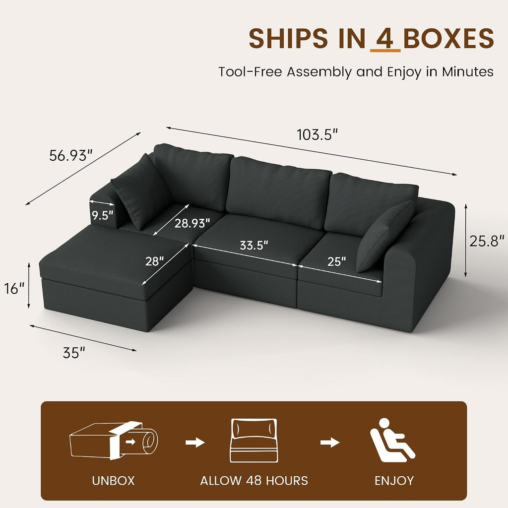 104' Cloud Sectional Couch, Boneless Modular L Shaped Couch, Upholstered Living Room Couch with Deep Seat, Modular Sectional Sofa, No Assembly Required, Grey