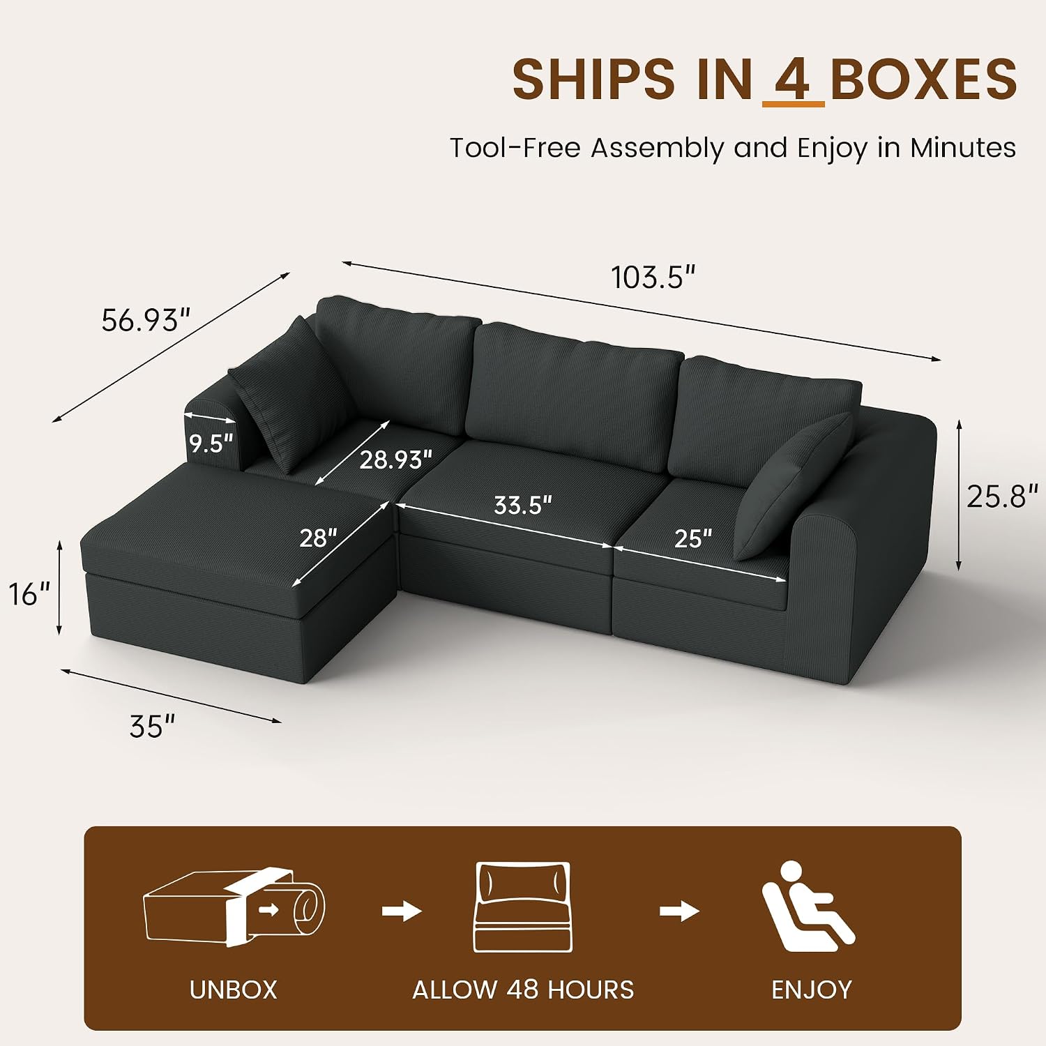 104' Cloud Sectional Couch, Boneless Modular L Shaped Couch, Upholstered Living Room Couch with Deep Seat, Modular Sectional Sofa, No Assembly Required, Grey