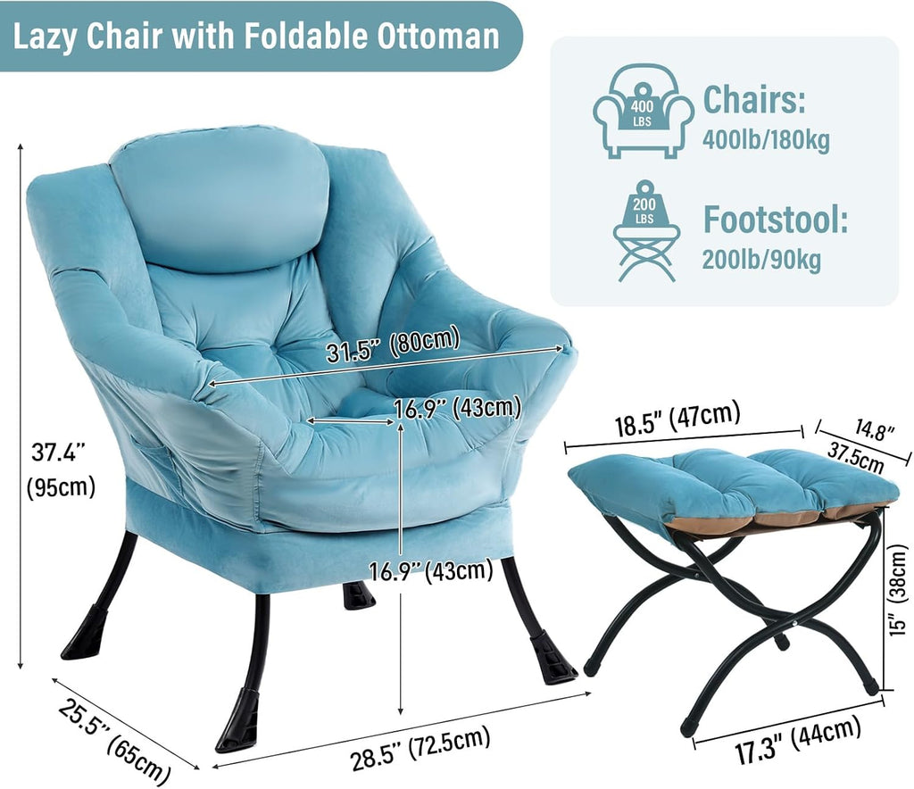 Furlide Lazy Chair with Ottoman, Modern Accent Chairs with Folding Footrest, Velvet Light Blue Sofa Chair Set, Reading Chairs, Oversized Armchairs for Bedroom, Study, Living Room, Courtyard