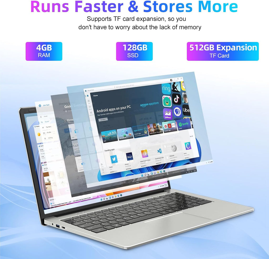 Laptop 15.6 Inch, 4GB DDR4 128GB SSD Laptops Computer with Intel Celeron Quad Core Processor, Intel UHD Graphics 600, Mini HDMI, Webcam, 2.4G/5GHz WiFi, 2*USB3.2, Bluetooth4.2