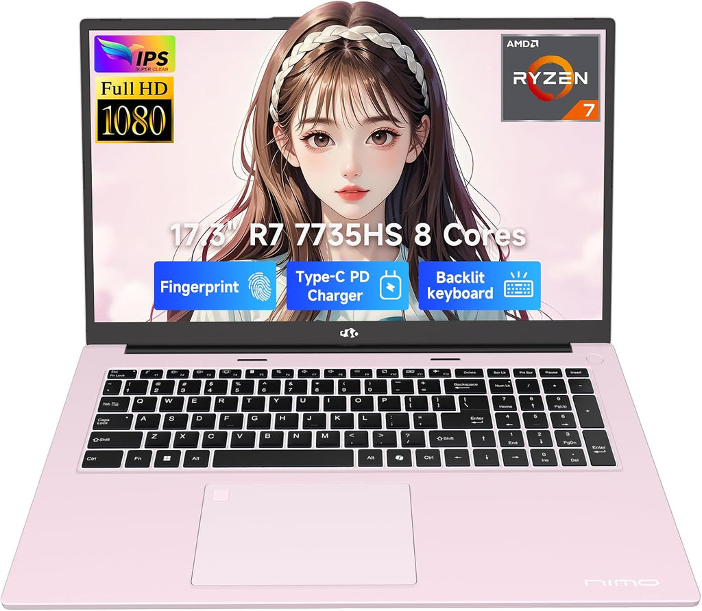 NIMO 17.3' Business-Laptop, AMD Ryzen 7 7735HS (8C/16T), 64GB RAM 2TB NVMe SSD, Radeon 680M for Light Gaming, PD 100W Type-C WiFi-6E BT5.2 Fingerprint Unlock Backlit Keyboard for Working & Student
