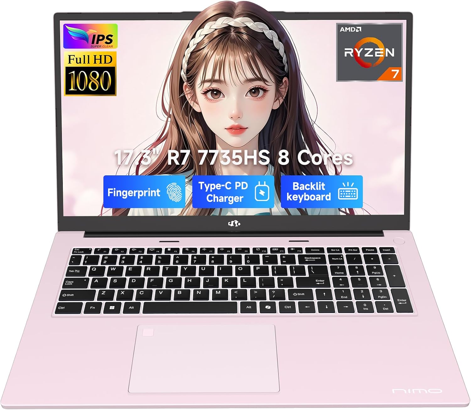 NIMO 17.3' Business-Laptop, AMD Ryzen 7 7735HS (8C/16T), 64GB RAM 2TB NVMe SSD, Radeon 680M for Light Gaming, PD 100W Type-C WiFi-6E BT5.2 Fingerprint Unlock Backlit Keyboard for Working & Student