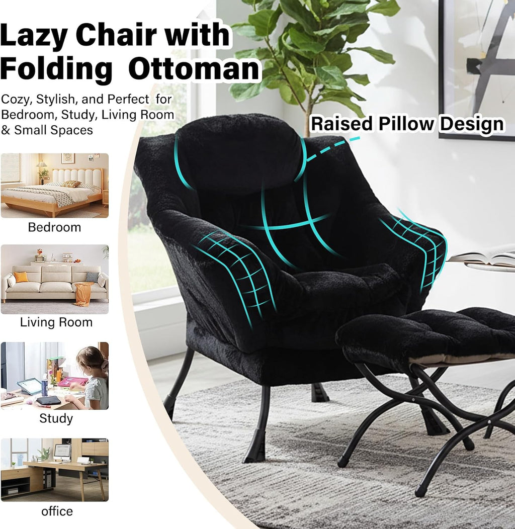 Furlide Lazy Chair with Ottoman, Modern Accent Chair with Armrests and a Side Pocket, Plush Black Accent Chairs, Reading Chairs, Oversized Armchairs for Bedroom, Study, Living Room, Courtyard