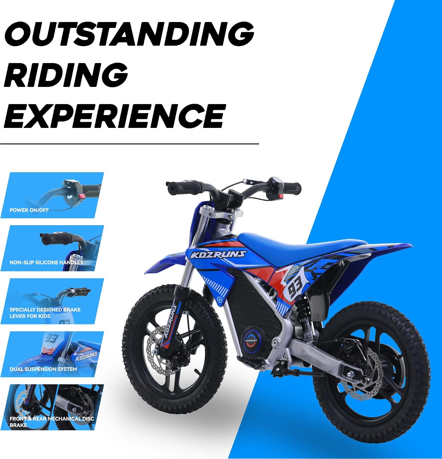 OLALA 36V Electric Dirt Bike for Kids 4-8, 350W Brushless Motor with 3-Speed Control, 18.6 MPH Max Speed, 14' Off-Road Tires Motorcycle, for Boys & Girls, Blue