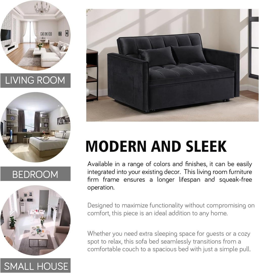 3 in 1 Convertible Sleeper Sofa Bed, 54'' Full Size Velvet Pull Out Futon Couch Recliner with Reclining Backrest & 2 Pillows, Small Loveseat Lounge Couches for Small Spaces (Black)