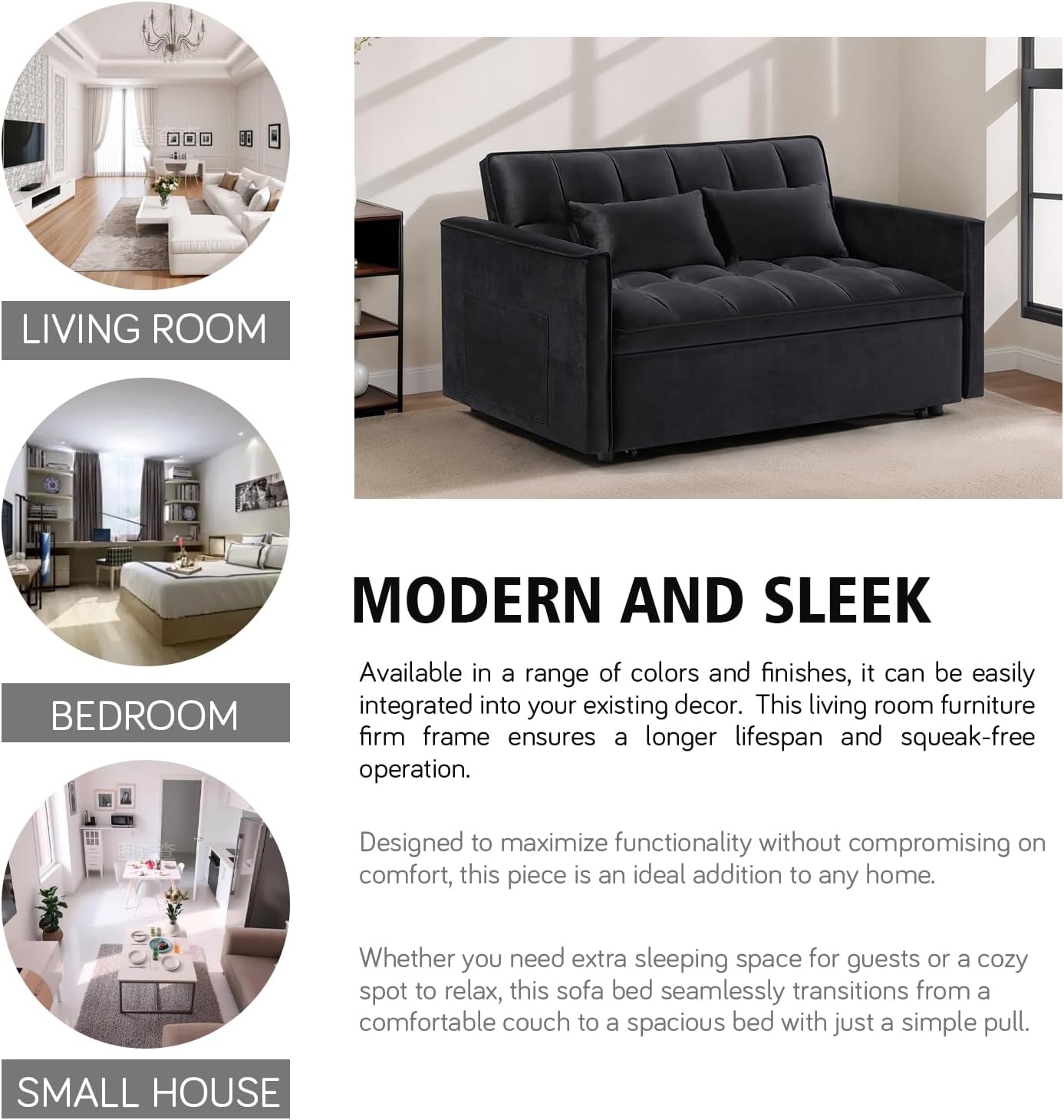 3 in 1 Convertible Sleeper Sofa Bed, 54'' Full Size Velvet Pull Out Futon Couch Recliner with Reclining Backrest & 2 Pillows, Small Loveseat Lounge Couches for Small Spaces (Black)