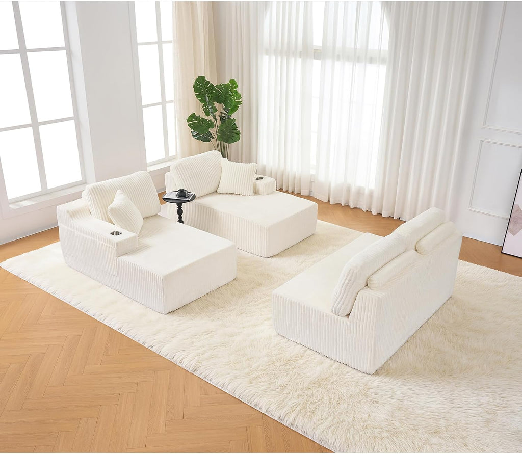 130' Modular Sectional Sleeper Sofa, Modern Cloud Sectional Sofa Couch with Cupholders and Storage, U Shape Boneless Couches for Living Room, Free Combination, No Assembly Required,Beige