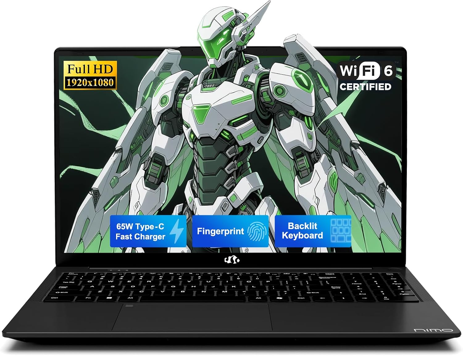 NIMO 15.6 Inch FHD Student Laptop, 16GB RAM 256GB SSD Intel 4-Core (Beat i3-10110U, Up to 3.6GHz), 65W Type-C, Backlit Keyboard, Fingerprint, Wi-Fi 6& Bluetooth 5.3 for Efficient Business Home Office