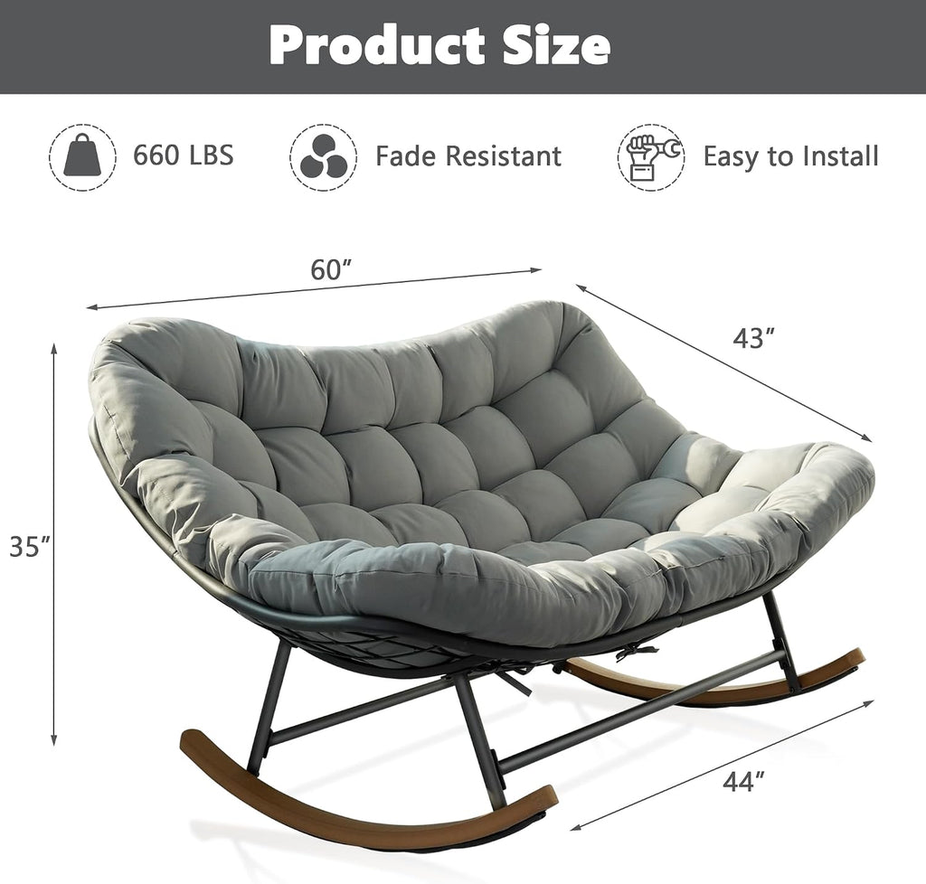 Oversized Double Papasan Rocking Chair Outdoor Indoor for 2, 660 lbs Heavy Duty Patio Rocking Chair with Thick Cushion, Comfy Egg Loveseat Recliner for Balcony Backyard Garden, Grey