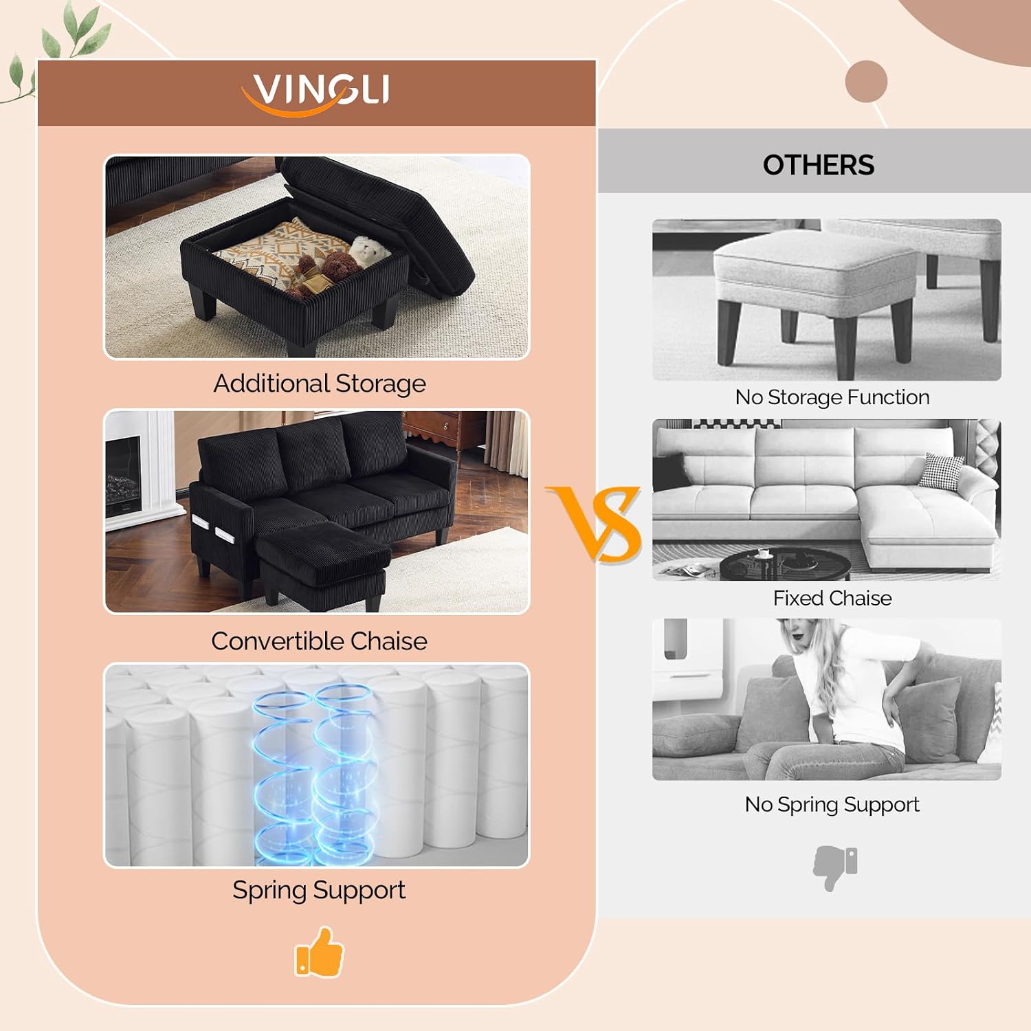 VINGLI 68.5' L Shaped Couch with Movable Storage Ottoman, Convertible Sectional Sofa in Soft Corduroy Fabric, Modern Reversible Chaise Couch for Small Spaces, Apartment, Living Room，Black