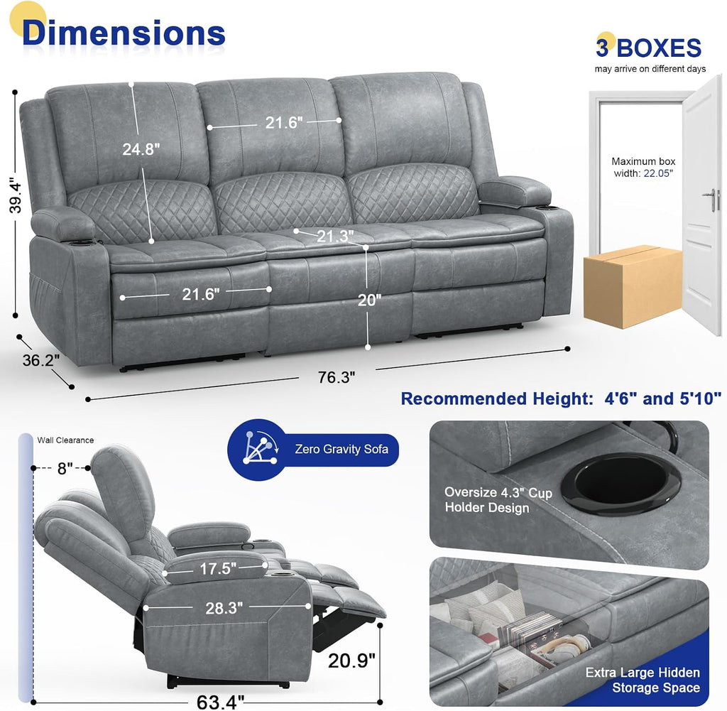 Recliner Sofa 3 Seater Sofa with Recliner, Home Theater Seating with Liftable Console & Removable Armrest, Manual PU Leather Reclining Couch with Cup Holders & USB Ports for Living Room/RV (PU,Grey)