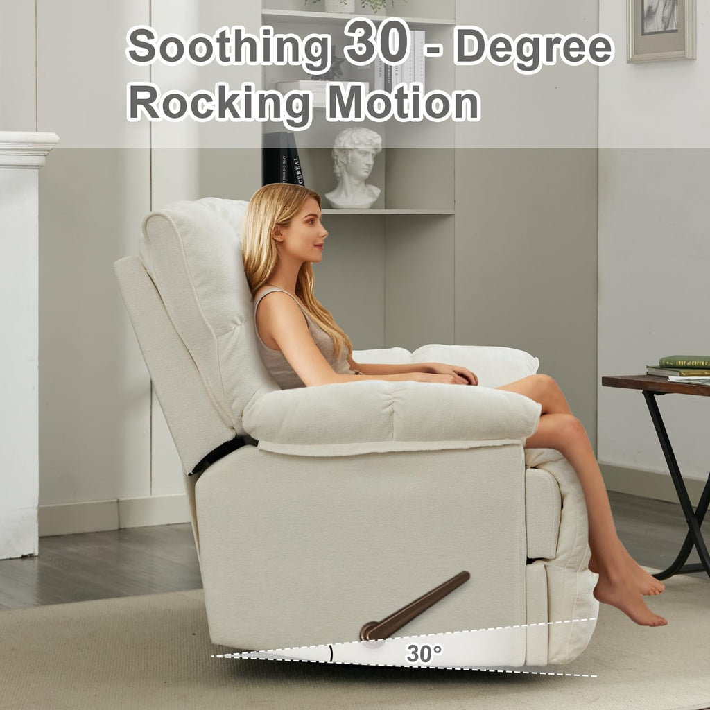 Oversized Recliner Chair, Overstuffed Swivel Rocker with Extra Wide Seat & Breathable Fabric for Living Room (Manual, White)