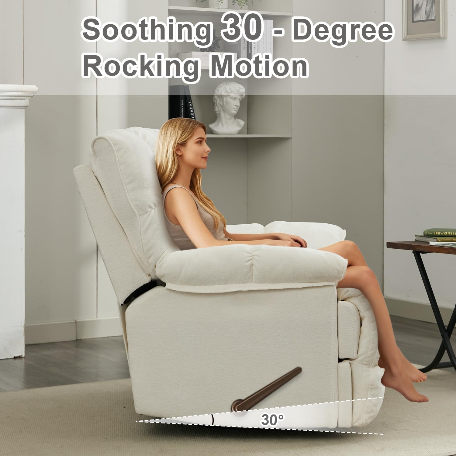 Oversized Recliner Chair, Overstuffed Swivel Rocker with Extra Wide Seat & Breathable Fabric for Living Room (Manual, White)
