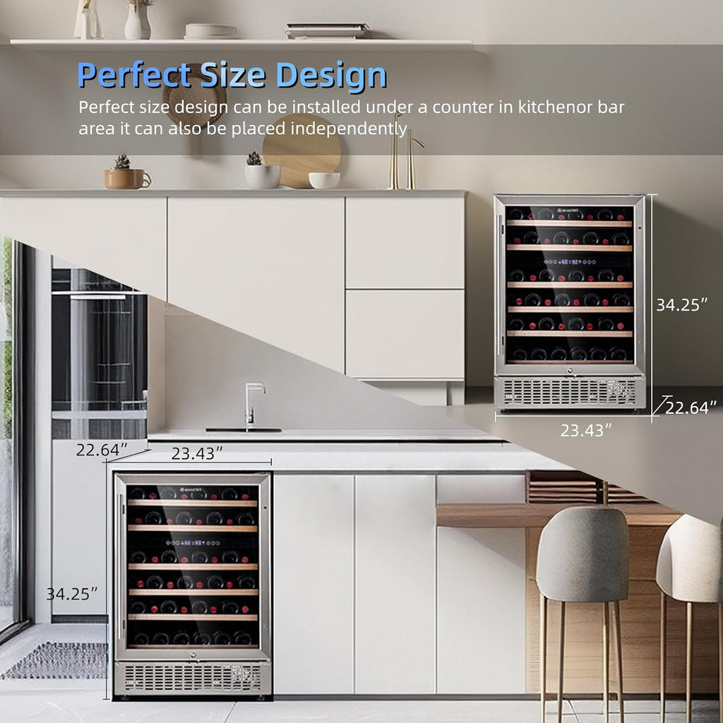 magictec Wine Fridge Under Counter 24 inch,46 Bottles,Dual Zone Wine cooler refrigerators Free Standing, Built-In Wine Fridge with Lock,Stainless Steel Handle,For Home Office Bar