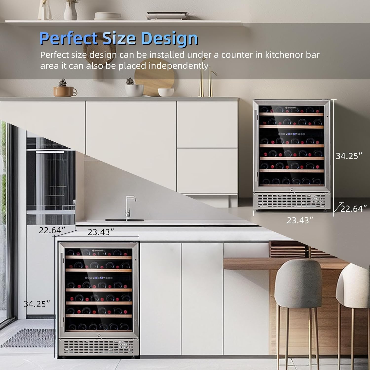 magictec Wine Fridge Under Counter 24 inch,46 Bottles,Dual Zone Wine cooler refrigerators Free Standing, Built-In Wine Fridge with Lock,Stainless Steel Handle,For Home Office Bar