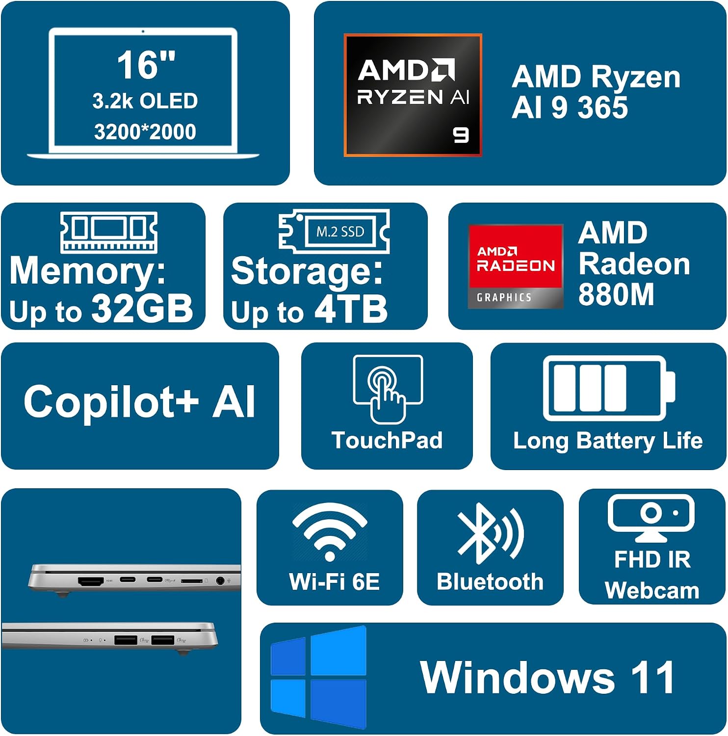 ASUS Vivobook S16 AI Laptop 16' 3.2k OLED 120Hz (600nits 100% DCI-P3) AMD 10-core Ryzen AI 9 365 (Up to 50 Tops) 32GB RAM 4TB SSD for Creator Designer Business Professional Win11 ICP Hub