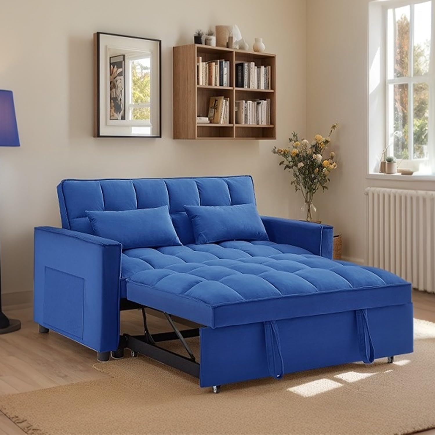 3 in 1 Convertible Sleeper Sofa Bed, 54'' Full Size Velvet Pull Out Futon Couch Recliner with Reclining Backrest & 2 Pillows, Small Loveseat Lounge Couches for Small Spaces (Dark Blue)
