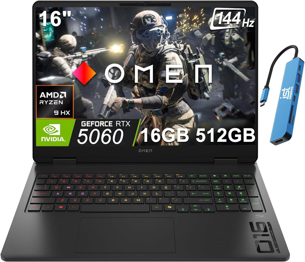 HP OMEN 16 Slim Gaming Laptop (NVIDIA RTX 5060 8GB, AMD Ryzen 9 8940HX (> Intel Ultra 7 255H)), 16GB DDR5 RAM, 512GB SSD, FHD+ 144Hz Display, 4-Zone RGB Backlit KB, IR Webcam, Wi-Fi, IST Dock, Win 11H