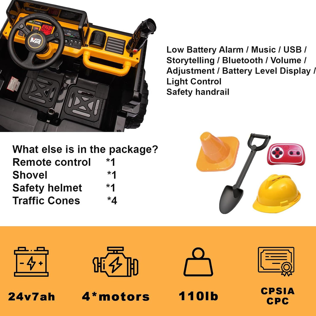 Kidsera 24V Ride On Dump Truck, 24 inch-2 Seater Ride On Car for Kids w/Remote Control 4WD/2WD Up to 5 Mph, 24v Ride on Toys for Big Kids w/Electric Dump Bed Extra Shovel Traffic Cones (Yellow)