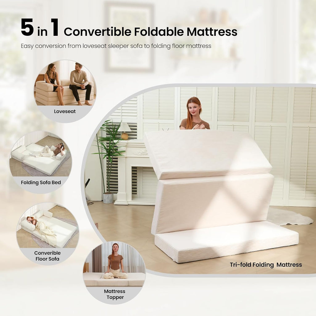 Tri-Fold Foldable Mattress, Convertible Folding Sofa Bed with Removable Arms & Washable Cover, All-in-One Portable Mattress Floor Sofa Bed, No Assembly Required & Non-Slip, Full Size, Beige
