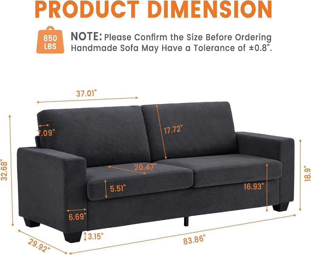 83 Inch Loveseat Sofa, Modern Corduroy 3 Seater Deep Seat Couch with Wide Armrest, Removable Washable Cushion Cover, Cozy Sofa for Living Room Bedroom Apartment