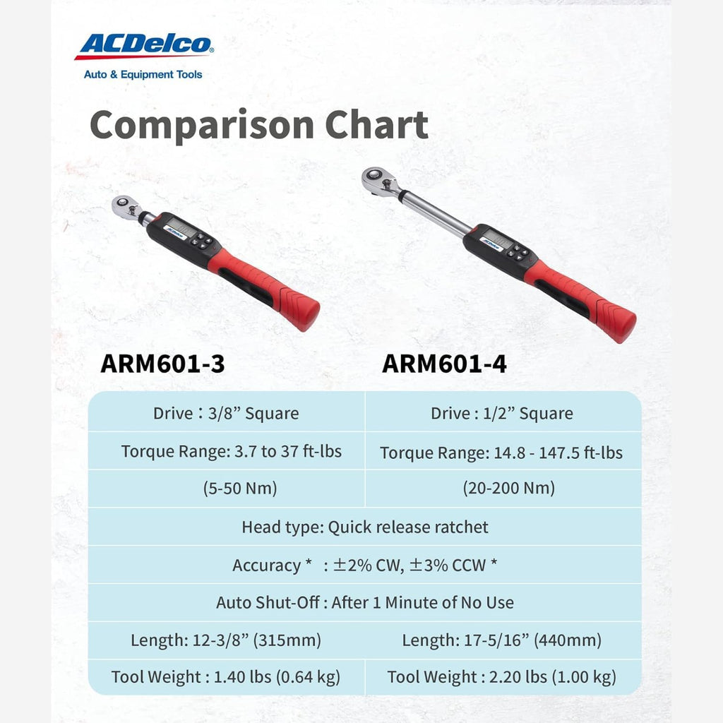 ACDelco ARM601-34 3/8' & ½' Heavy Duty Digital Torque Wrench Combo Kit with Buzzer and LED Flash Notification – ISO 6789 Standards with Certificate of Calibration