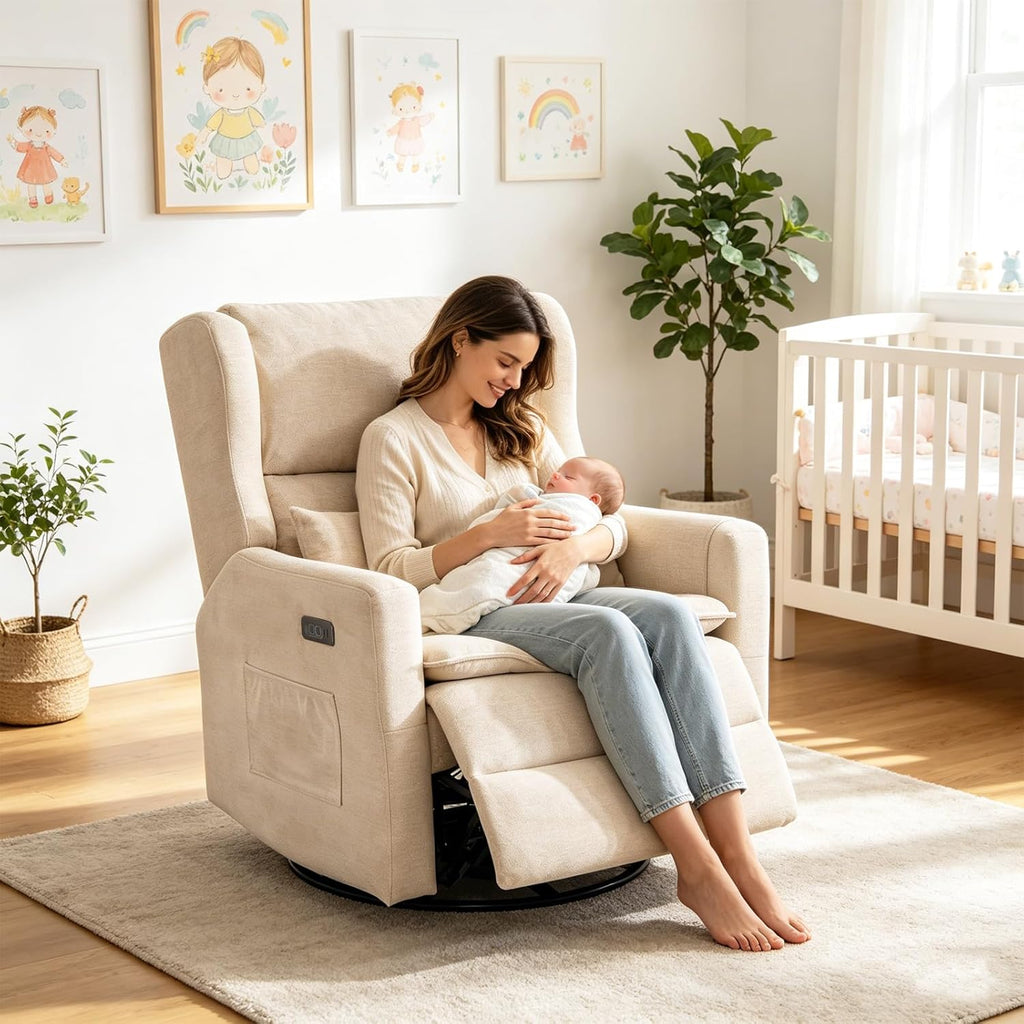 Oversized Swivel Rocker Recliner Chair, 26' Extra Wide Glider Nursery Chair with Adjustable Headrest, Chenille Power Recliner Rocking with Double Cushion, Cup Holder, Beige