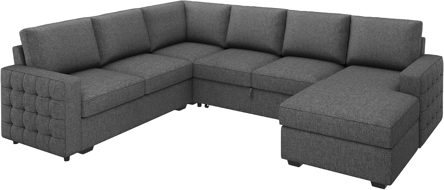 HONBAY Sectional Sleeper Sofa with Pull Out Bed U-Shape Sectional Couch Sleeper Bed with Storage Chaise 6 Seater Sleeper Sectional Sofa, Light Grey