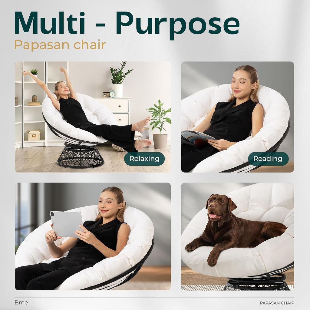 Bme 40' Ergonomic Wicker Papasan Chair with Soft Thick Cushion & Frame, 360° Swivel, Circle, Reading, Comfy Chair for Living Room, Bedroom