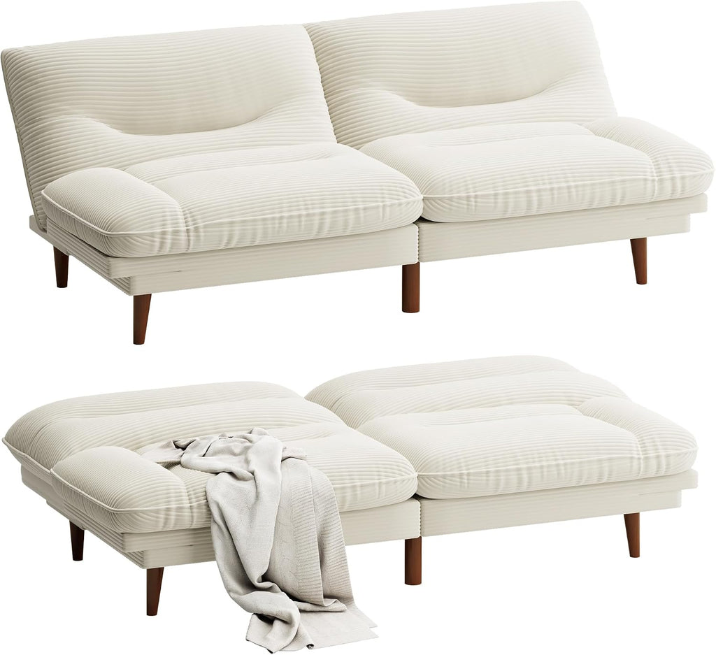 Homall Futon Sofa Bed, Modern Loveseat Futon Couch with Adjustable Backrest and Armrests, Sleeper Sofa Bed with Wood Frame for Living Room, Office, Apartment (Corduroy, White)